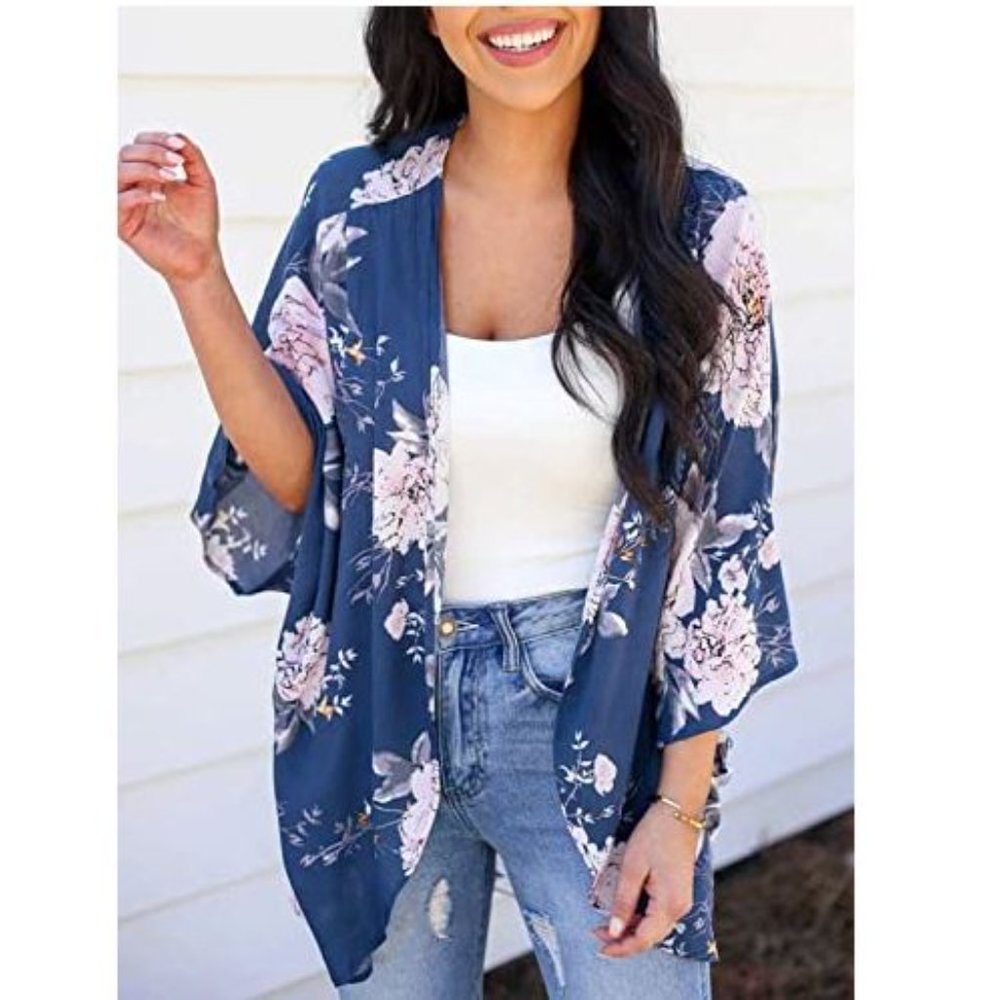Women's Floral Kimono Cardigan Casual Cover Up - Picture 2 of 7